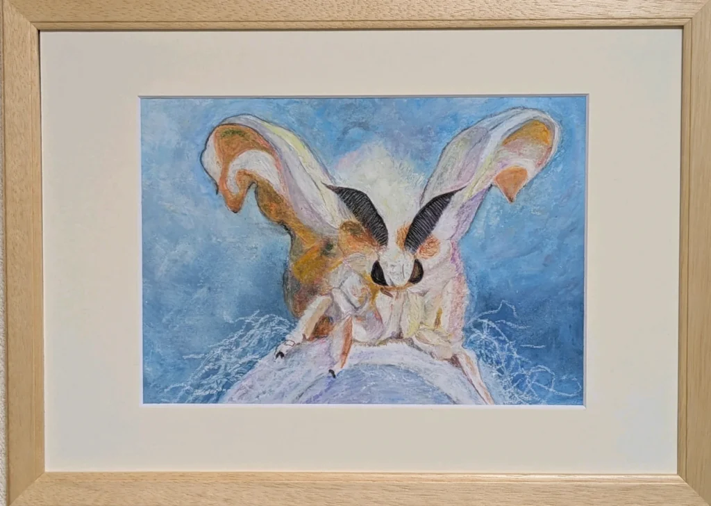 羽を伸ばす途中の蚕蛾 絵画